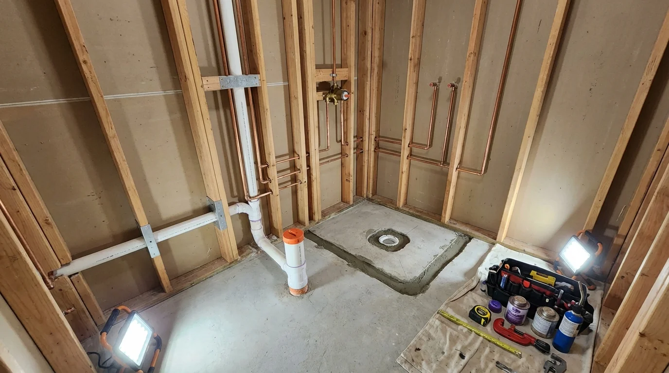 Bathroom rough-in plumbing during remodel by Johns Plumbing LLC in Nantucket