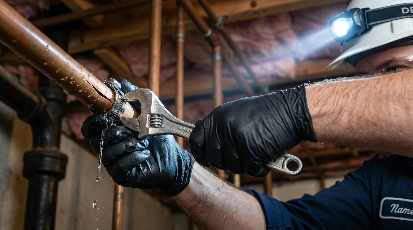 Emergency pipe clamp repair being performed by a Johns Plumbing LLC plumber in Nantucket