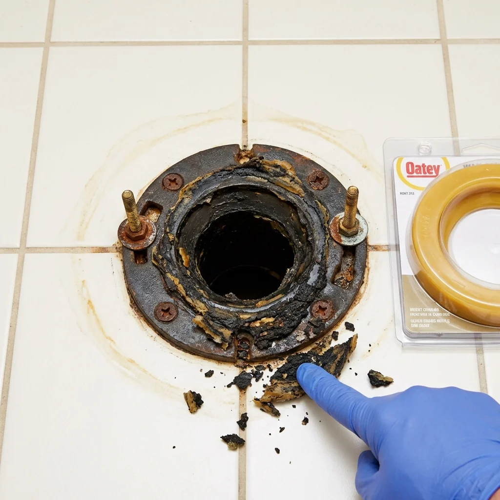 Failed wax ring showing water seepage at the base of a toilet in a Nantucket, MA home