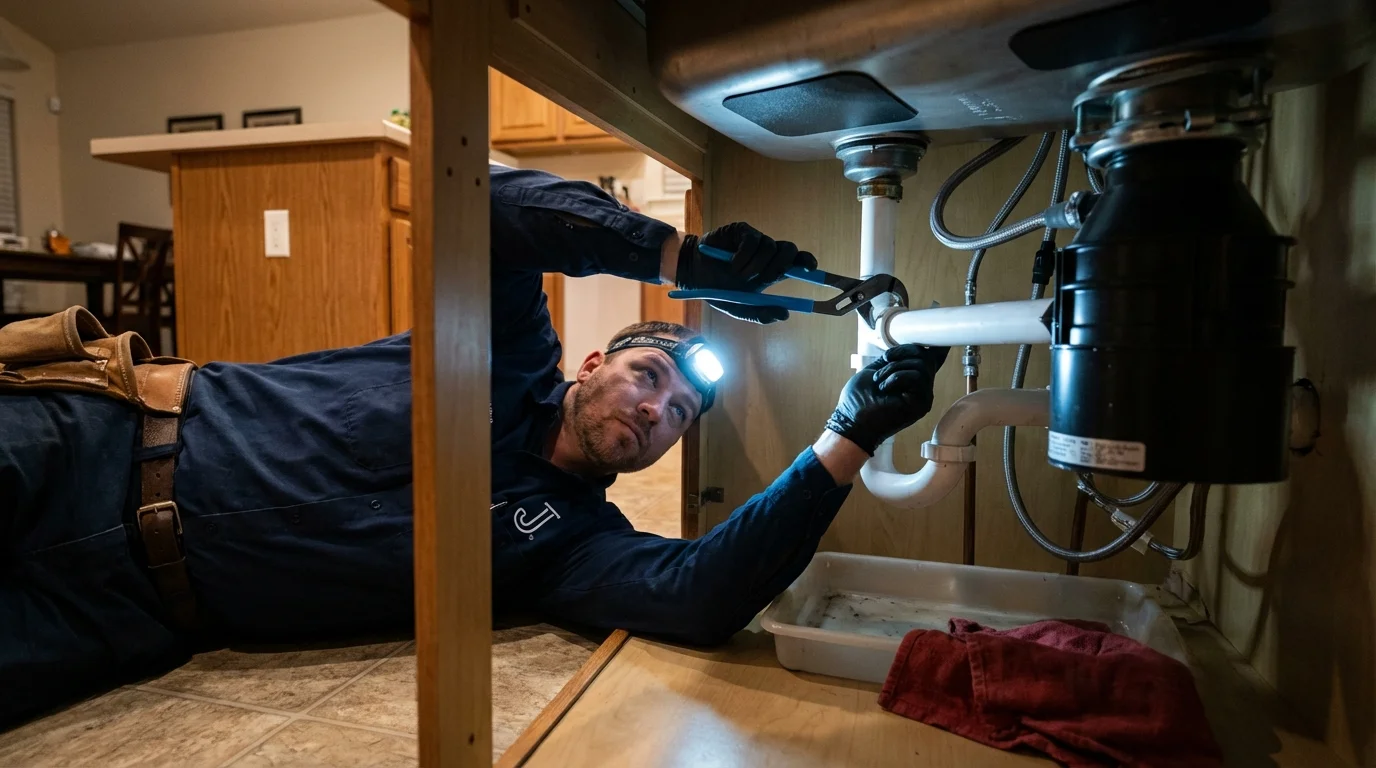 P-trap and supply line connections under a kitchen sink showing a common leak point in Nantucket, MA